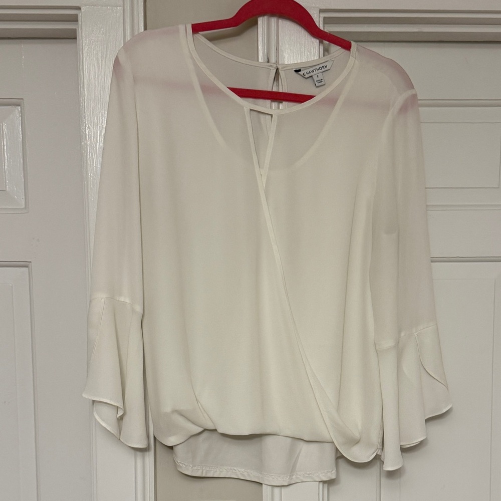 Cream Blouse with Flared Sleeves Faux wrap front.